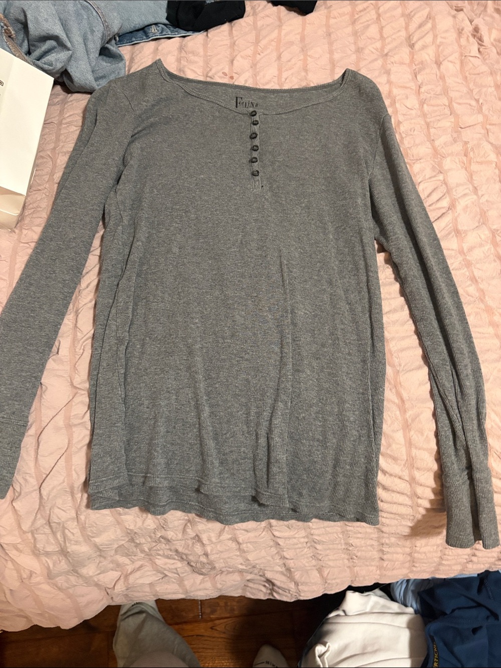 Felina Gray Long Sleeve Henley Top with Button Placket